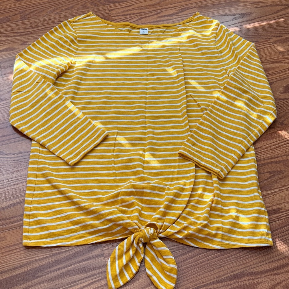 Old Navy Mustard and White Striped Tie Waist Top